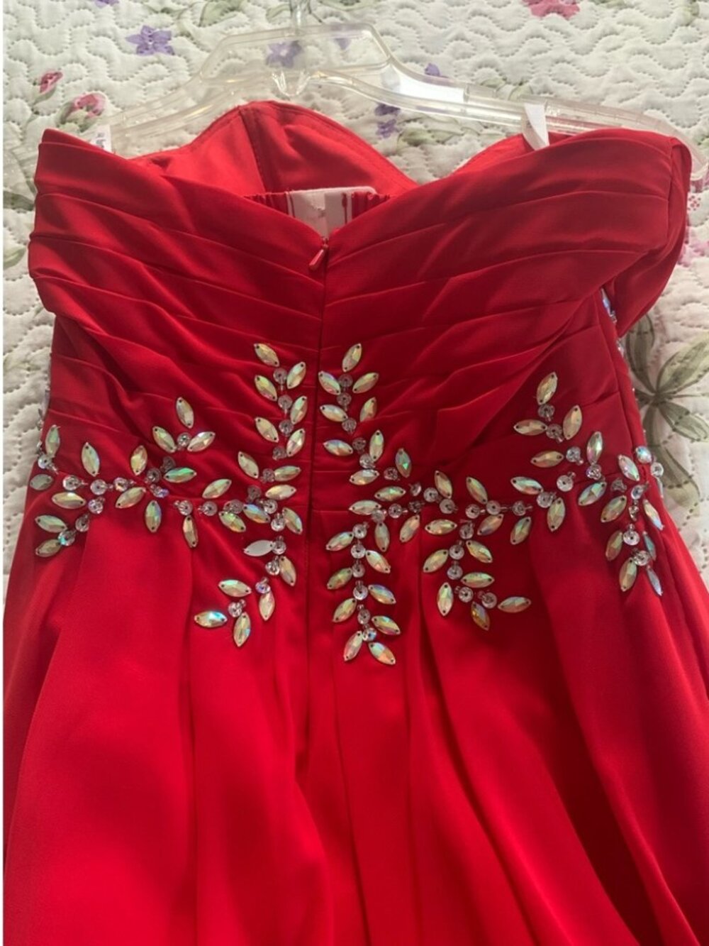 Long Red Formal Strapless Jeweled Dress Gown - Picture 2 of 12